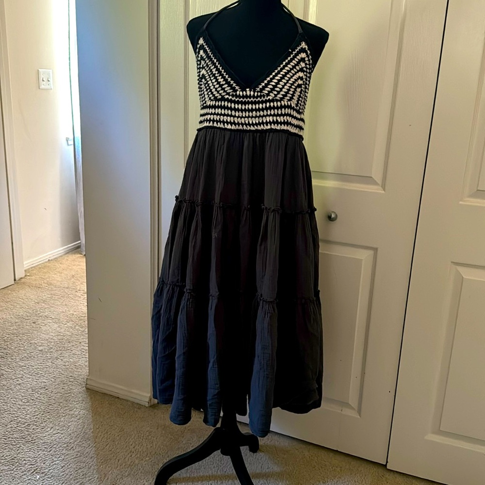 Gray and cream white crochet ankle length dress with halter back